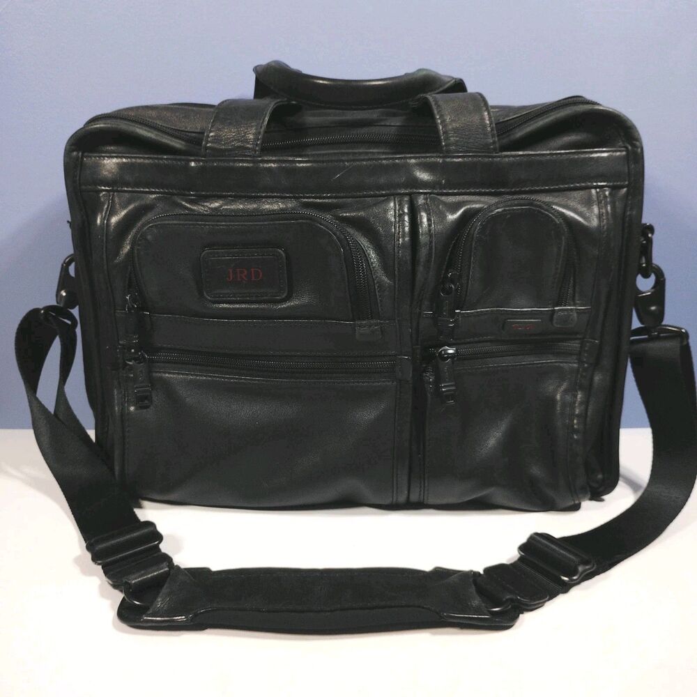 TUMI Alpha Leather Expandable Briefcase Laptop Brief Black Messenger Bag JRD